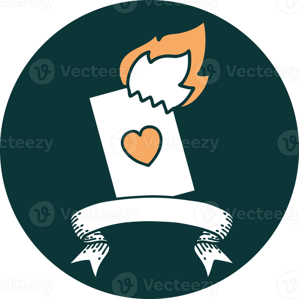 tattoo style icon with banner of a flaming card png