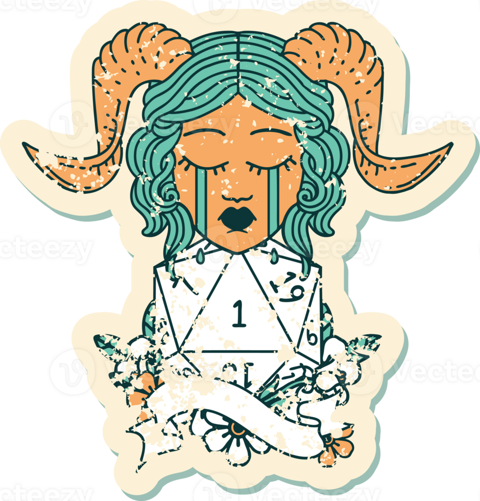 Retro Tattoo Style crying tiefling with natural one D20 roll png