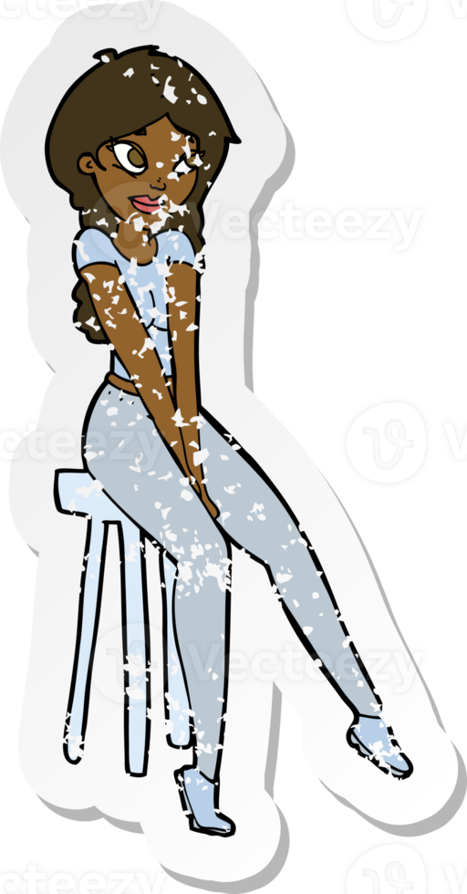 retro distressed sticker of a cartoon pretty girl on stool png