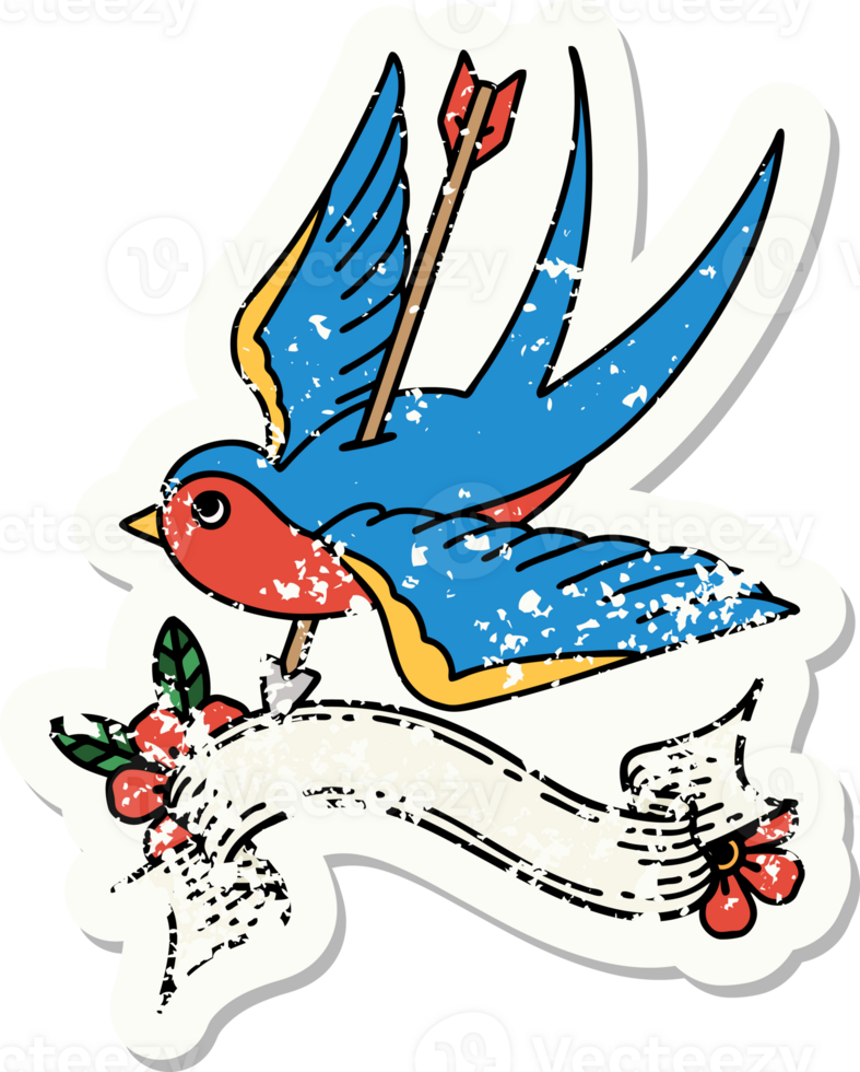 worn old sticker with banner of a swallow png
