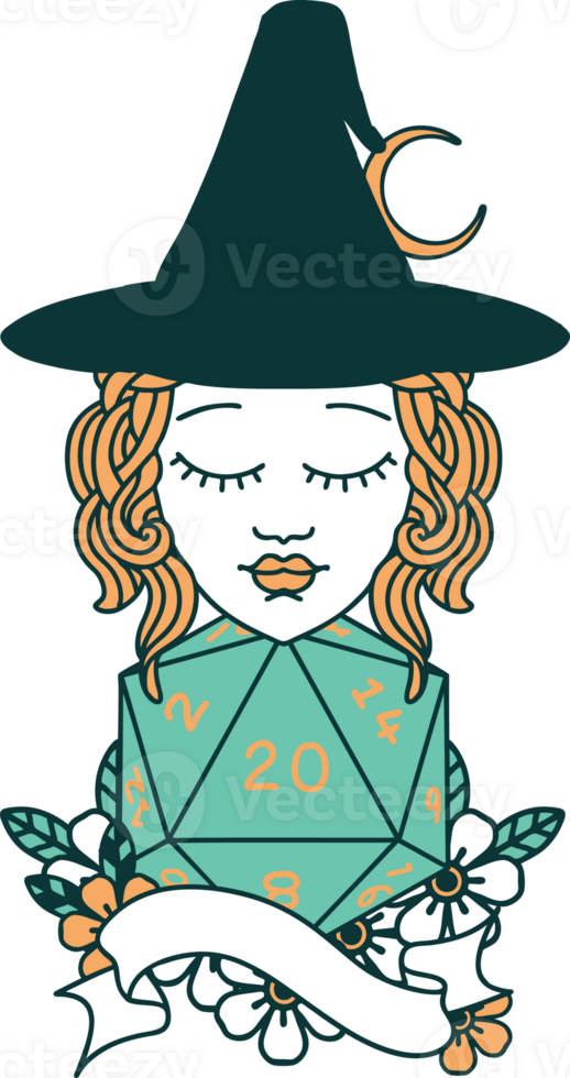Retro Tattoo Style human mage with natural twenty dice roll png