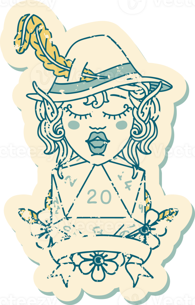 Retro Tattoo Style elf bard with natural twenty dice roll png