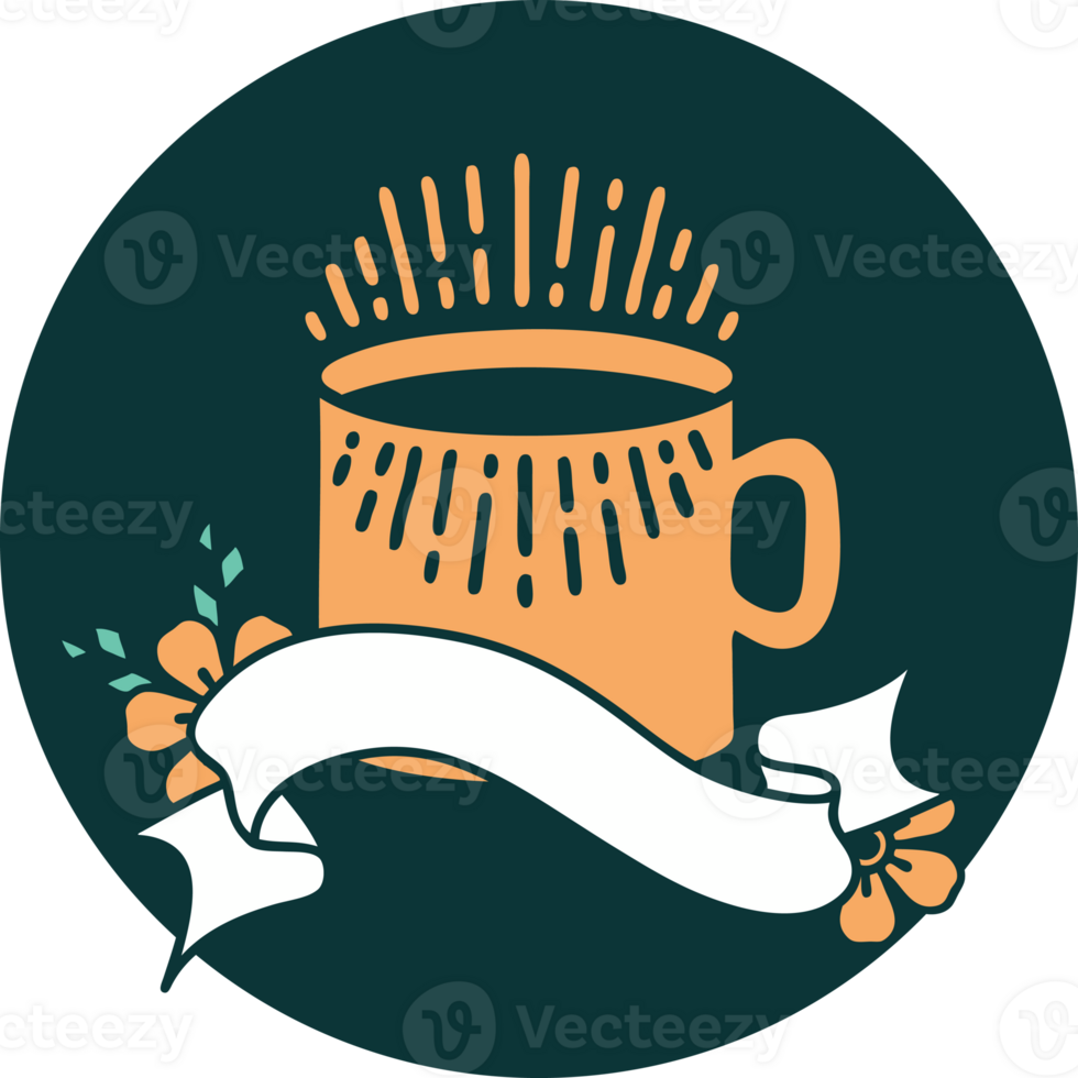 tattoo style icon with banner of cup of coffee png