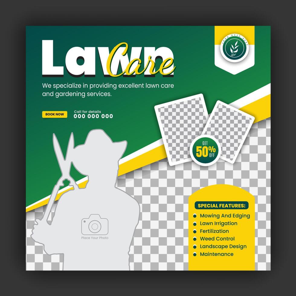 Corporate modern lawn care garden service for social media cover design template, agriculture and organic food campaign post web banner, abstract green, yellow color shapes vector