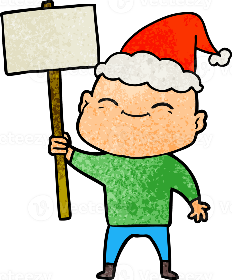 happy hand drawn textured cartoon of a bald man wearing santa hat png