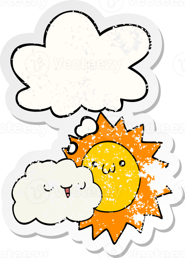 cartoon sun and cloud with thought bubble as a distressed worn sticker png