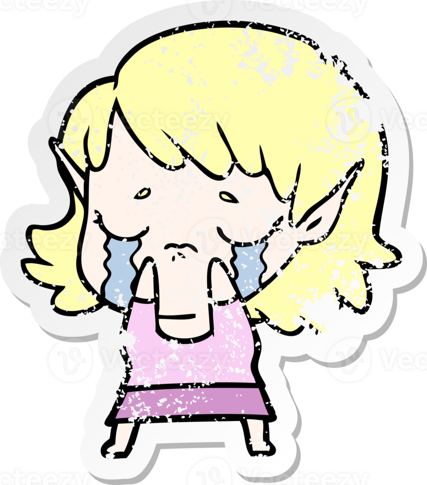 distressed sticker of a cartoon crying elf girl png