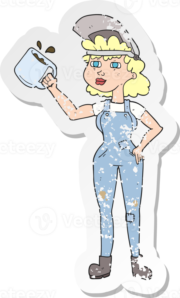 retro distressed sticker of a cartoon woman in dungarees png