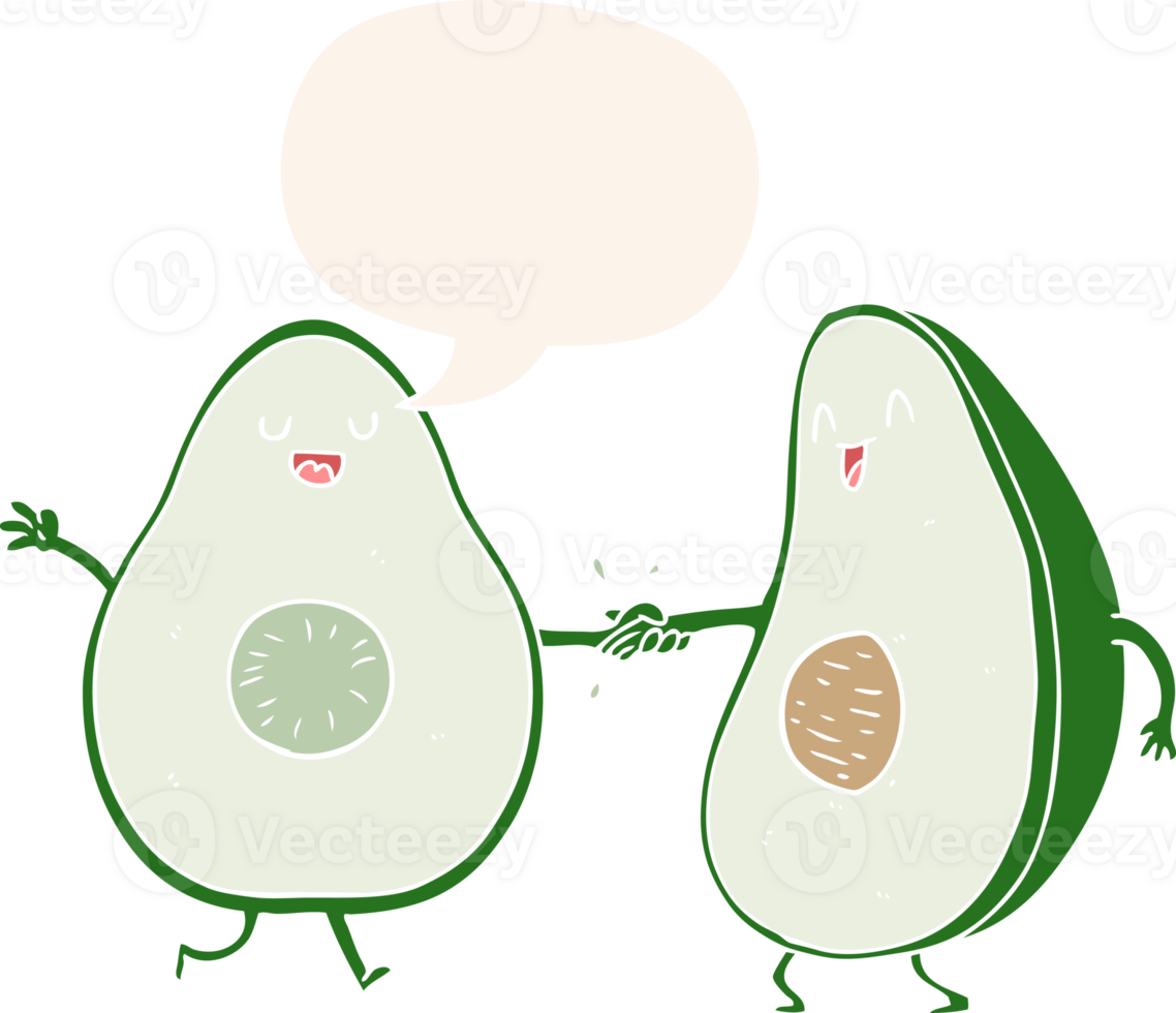cartoon dancing avocados with speech bubble in retro style png