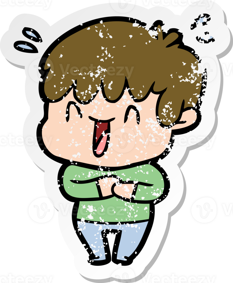 distressed sticker of a cartoon laughing boy png