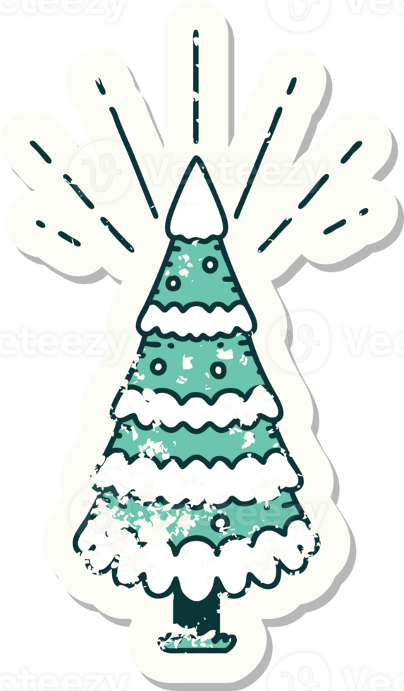 worn old sticker of a tattoo style snow covered pine tree png