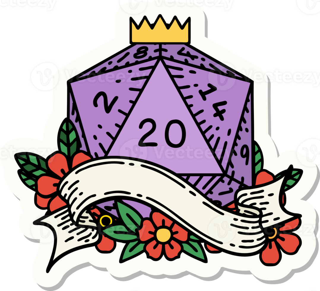 sticker of a natural twenty D20 dice roll png