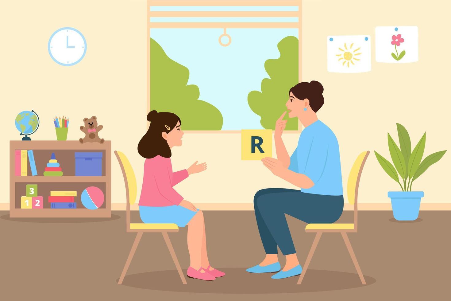 Speech therapy classes for a preschool child with a therapist in an cozy office interior. Speech disorders in children. Correct articulation therapy for a girl. illustration. vector