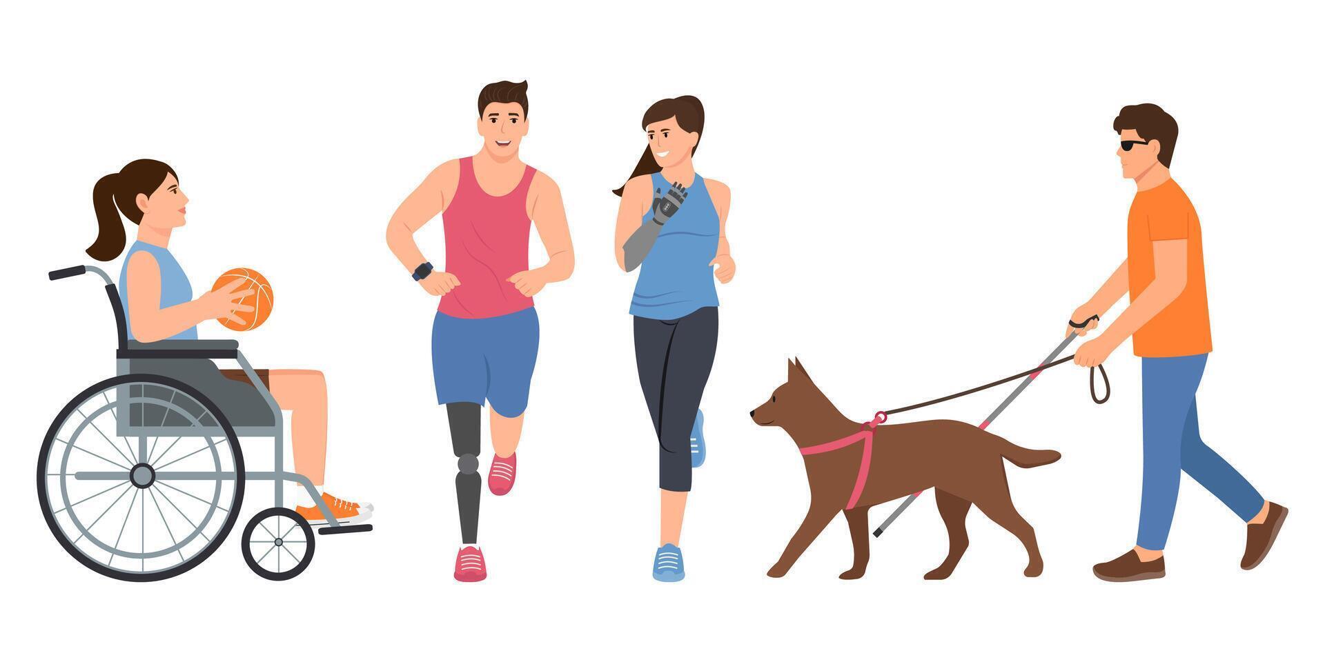 Men and women with disability. People with leg, hand prosthesis. Blind person with guide dog, Woman in the wheelchair. Collection. Flat illustration. vector