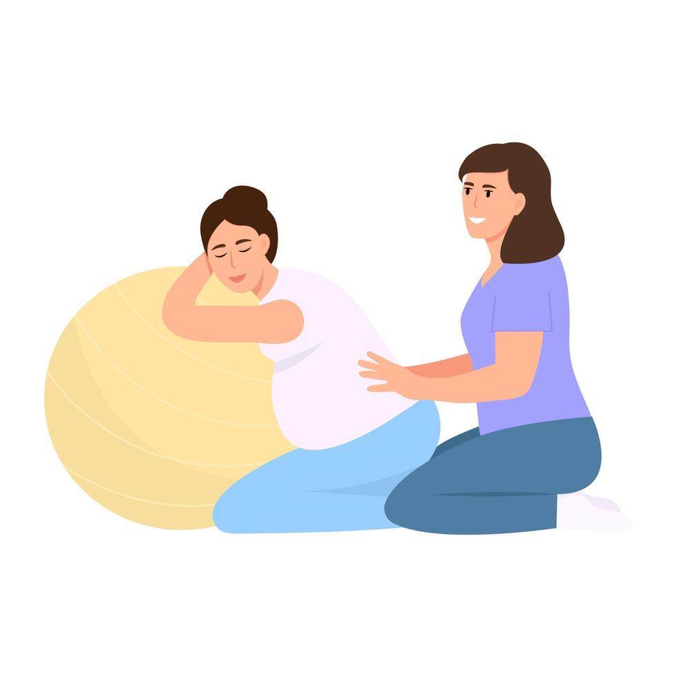Pregnant woman preparing for childbirth with partner or doula. Doula supports pregnant woman. vector
