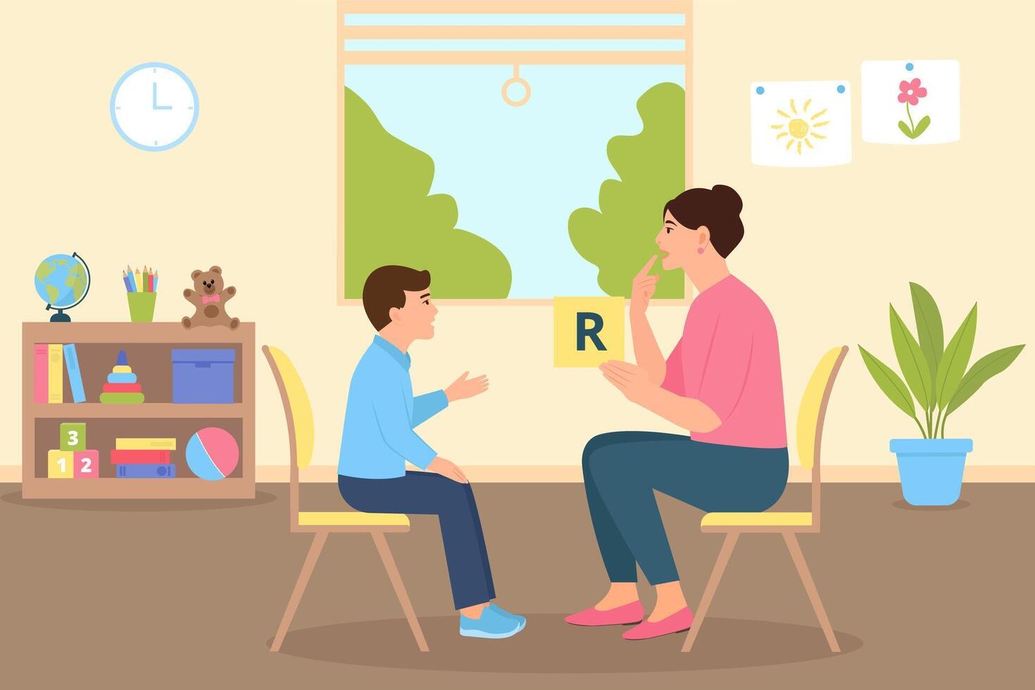 Speech therapy classes for a preschool child with a therapist in an cozy office interior. Speech disorders in children. Correct articulation therapy for a girl. illustration. vector