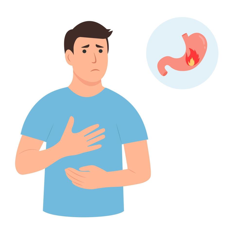 A man holds her stomach with hands.Unhealthy diet and junk food, poisoning.Heartburn.Gastritis and acid reflux, stomach upset and stomach pain problems. vector