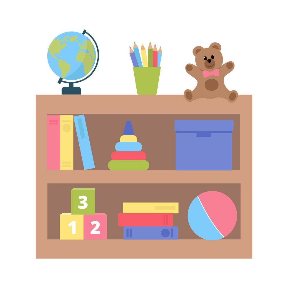 Toys storage.Wooden Shelving with toys, books, pencils, teddy bear, globe, blocks. Flat design illustration. vector