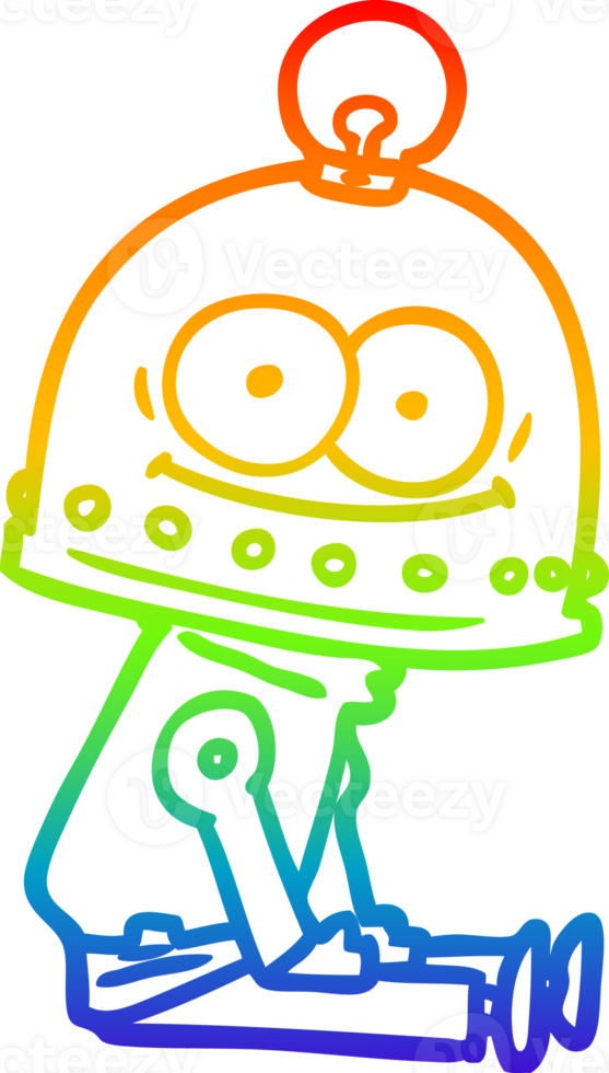 rainbow gradient line drawing of a happy carton robot with light bulb png