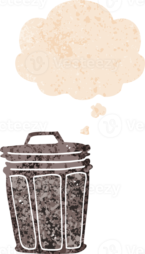 cartoon trash can with thought bubble in grunge distressed retro textured style png