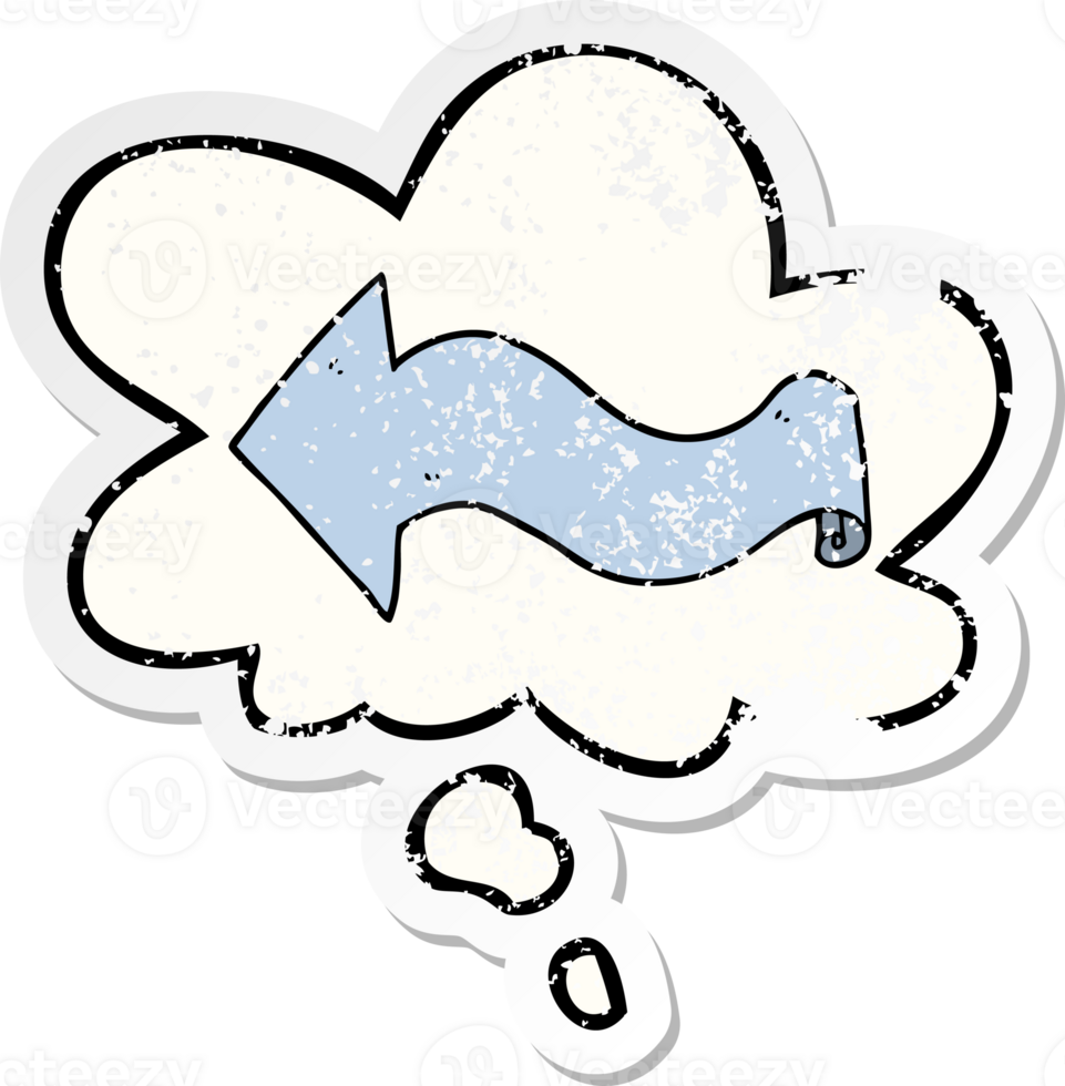 cartoon arrow with thought bubble as a distressed worn sticker png