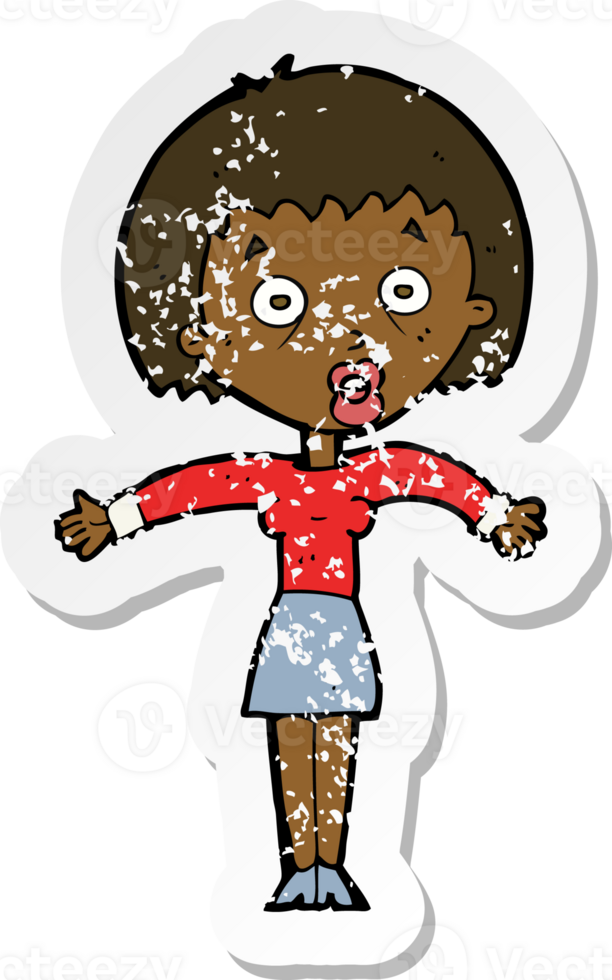 retro distressed sticker of a cartoon woman shrugging shoulders png