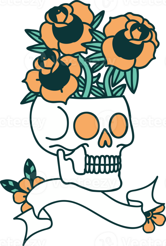 traditional tattoo with banner of a skull and roses png