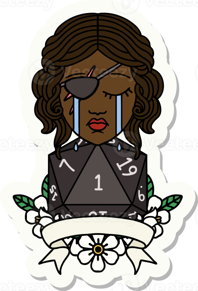 sticker of a crying human rogue with natural one roll png