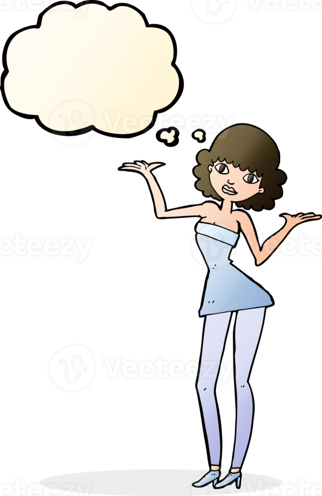 cartoon woman in cocktail dress with thought bubble png
