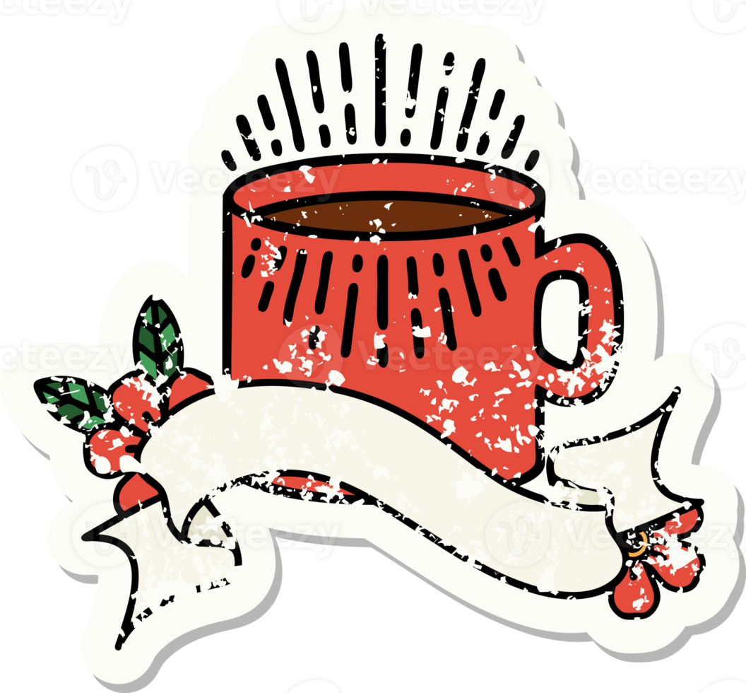 worn old sticker with banner of cup of coffee png