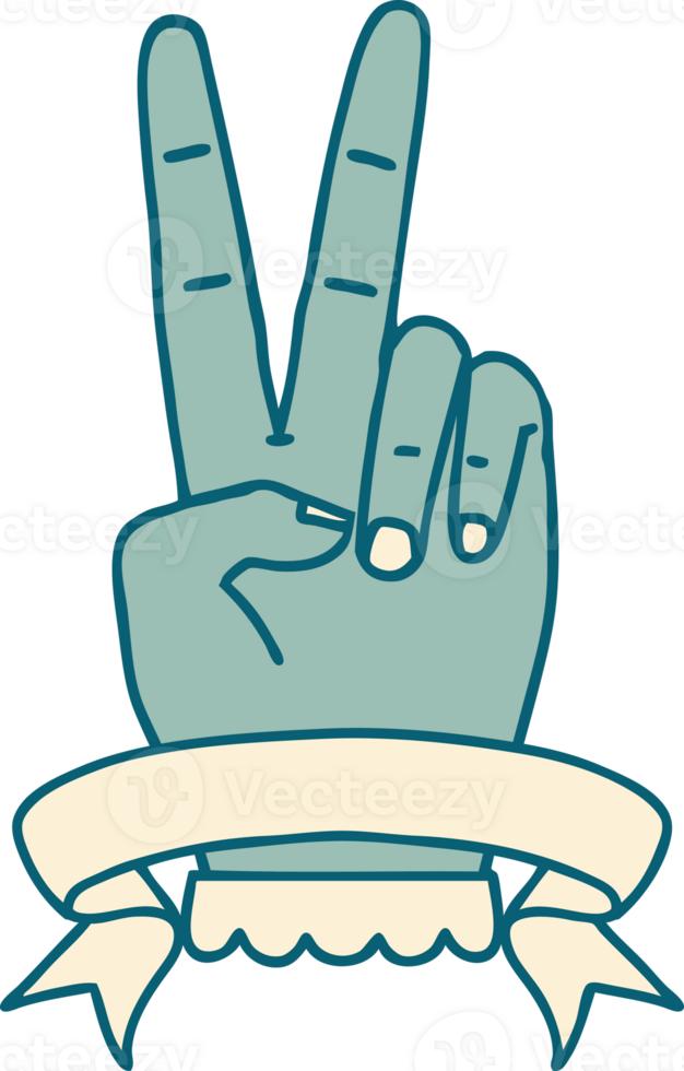 Retro Tattoo Style peace two finger hand gesture with banner png