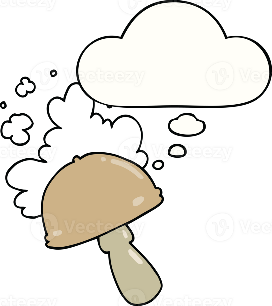 cartoon mushroom with spore cloud with thought bubble png