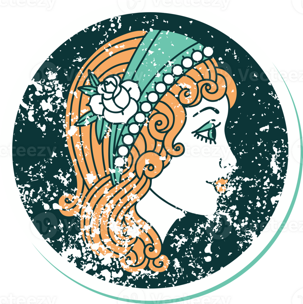 iconic distressed sticker tattoo style image of a gypsy head png