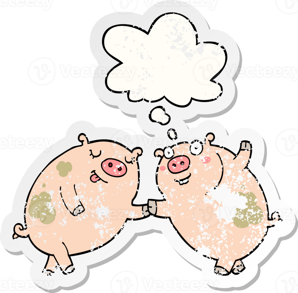 cartoon pigs dancing with thought bubble as a distressed worn sticker png