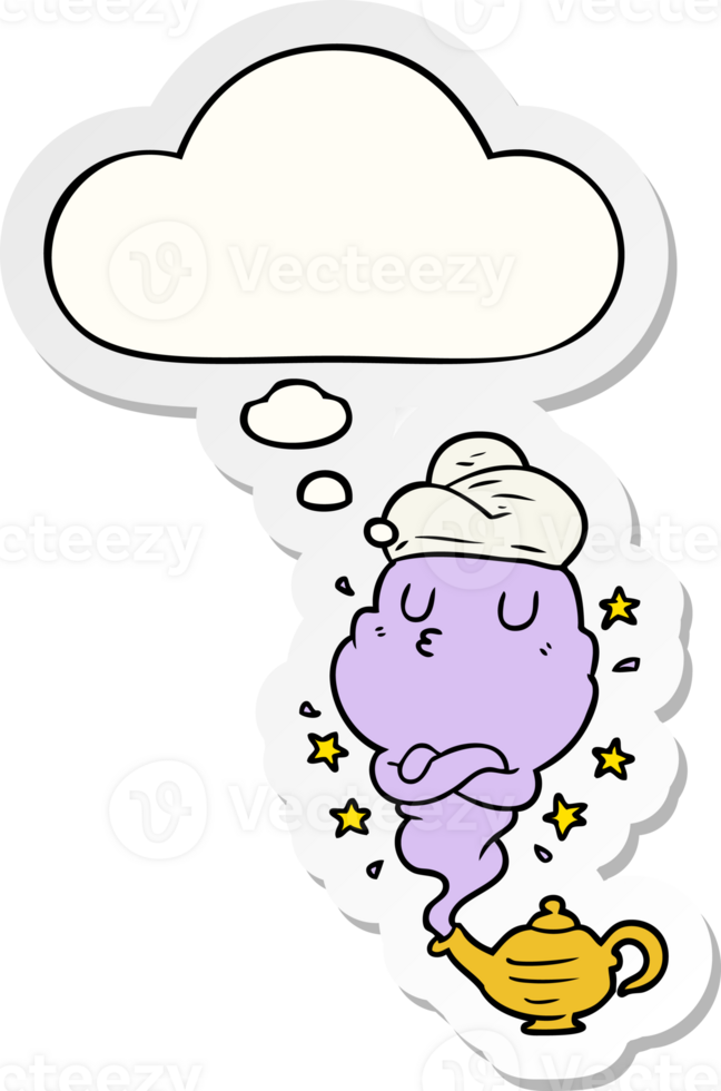 cartoon genie with thought bubble as a printed sticker png
