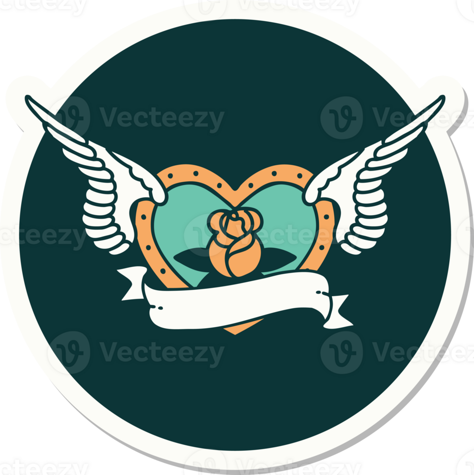 sticker of tattoo in traditional style of a flying heart with flowers and banner png