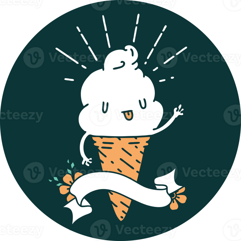icon of a tattoo style ice cream character waving png