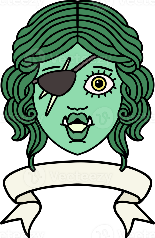 Retro Tattoo Style orc rogue character face with banner png