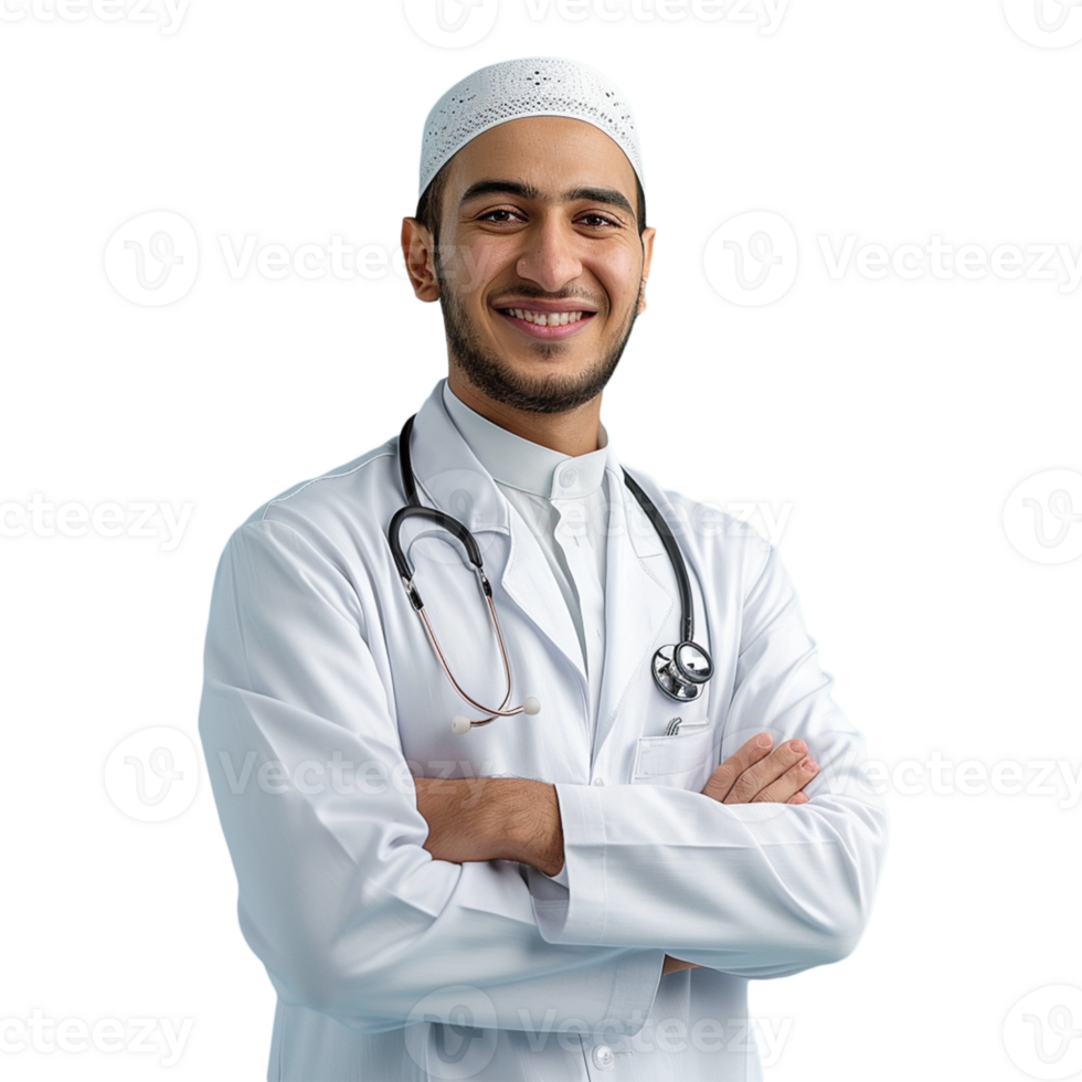 Muslim male healthcare worker doctor on transparent background png