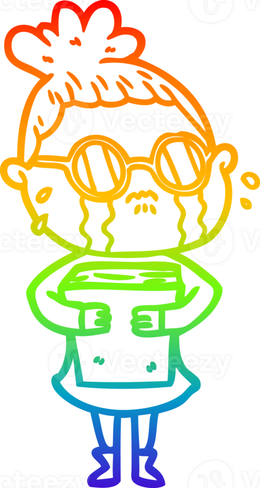 rainbow gradient line drawing of a cartoon crying woman wearing spectacles png