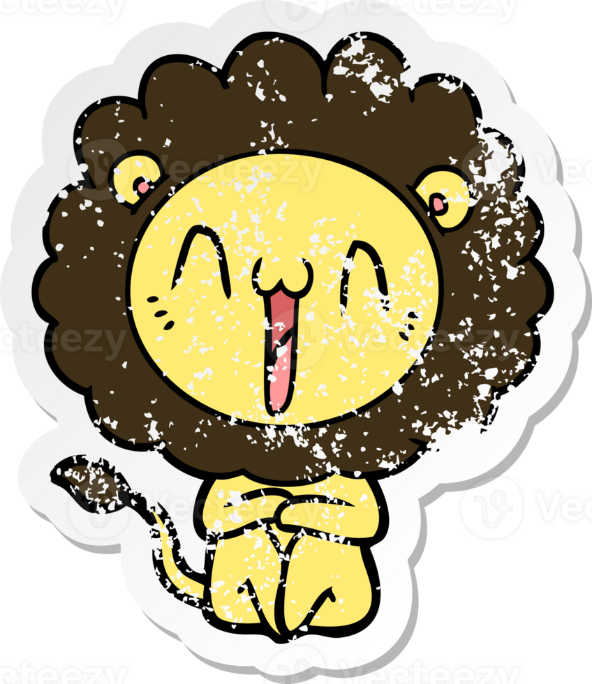 distressed sticker of a happy cartoon lion png