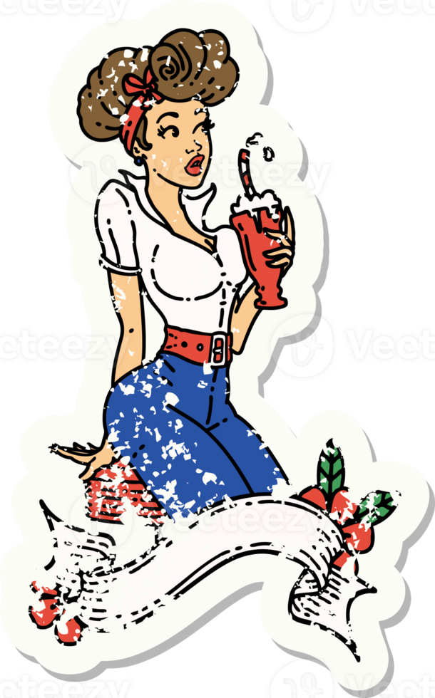 distressed sticker tattoo in traditional style of a pinup girl drinking a milkshake with banner png