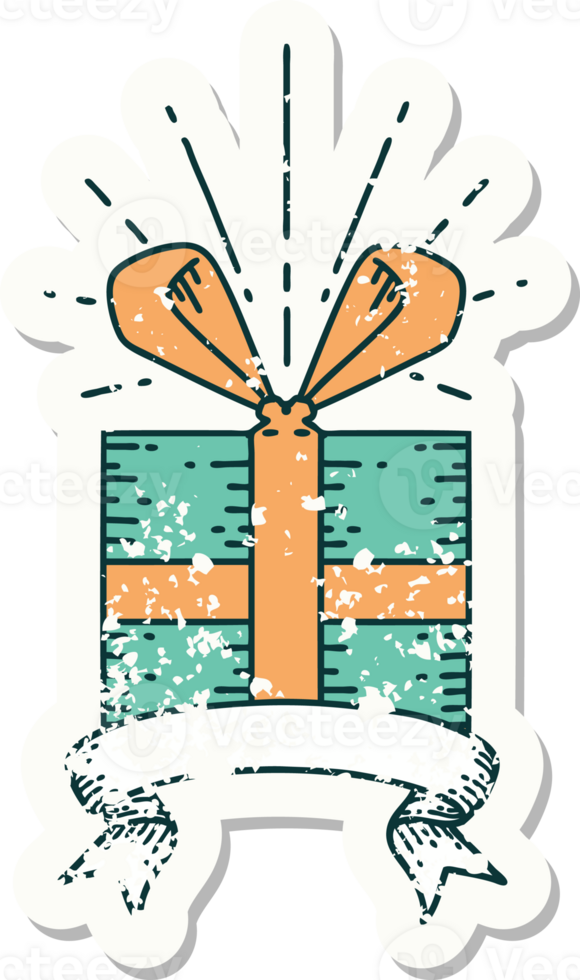 worn old sticker of a tattoo style christmas present png