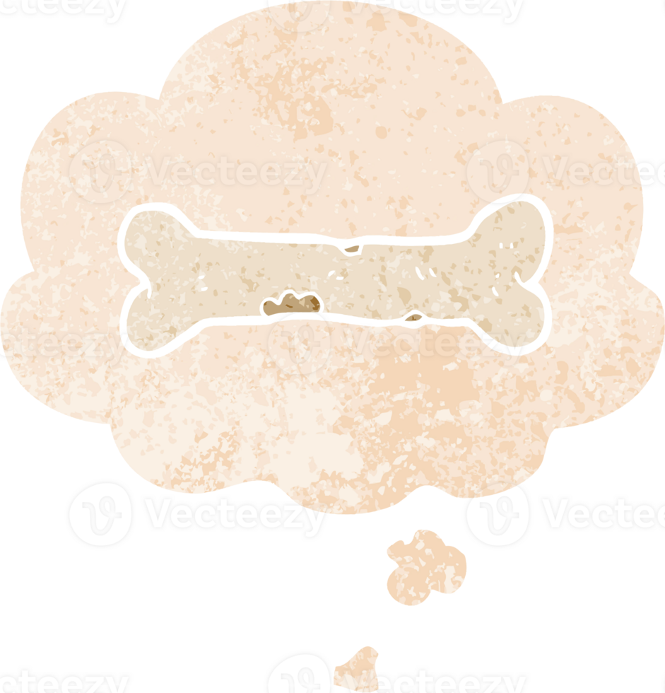 cartoon bone with thought bubble in grunge distressed retro textured style png