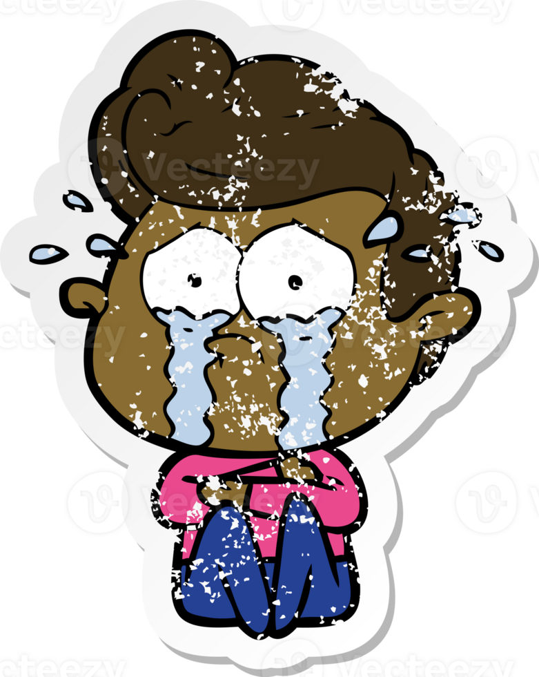 distressed sticker of a cartoon crying man png