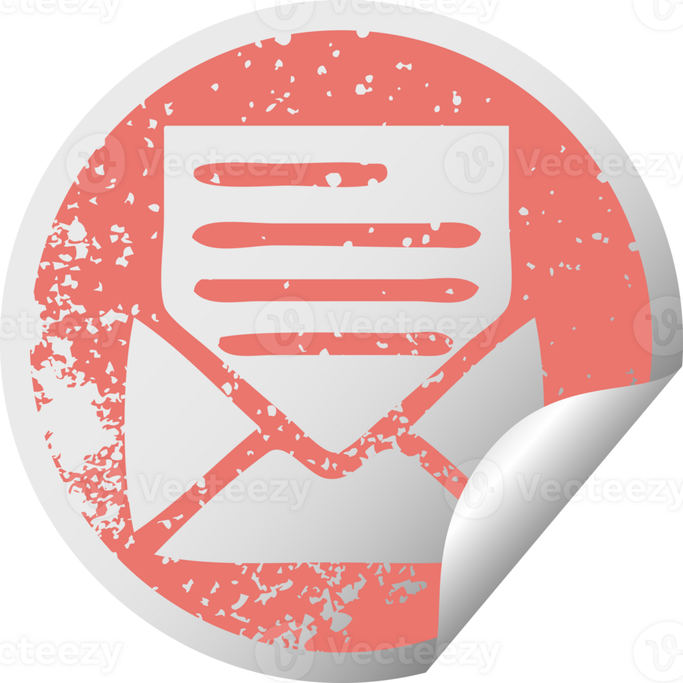 distressed circular peeling sticker symbol of a letter and envelope png