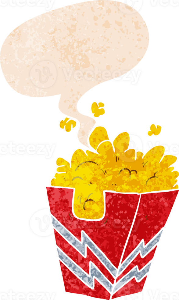 cartoon box of popcorn with speech bubble in grunge distressed retro textured style png