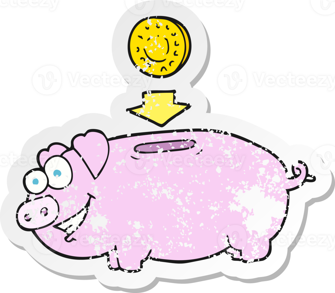 retro distressed sticker of a cartoon piggy bank png
