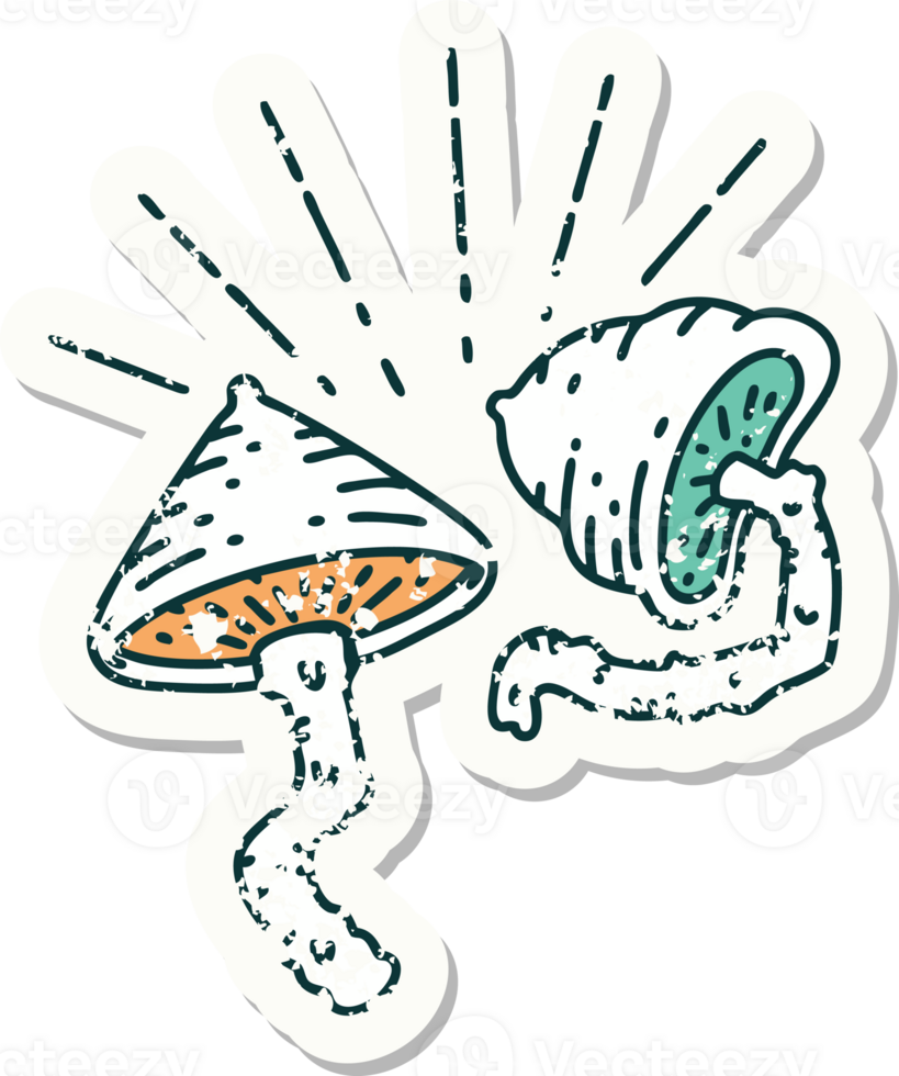 worn old sticker of a tattoo style mushrooms png