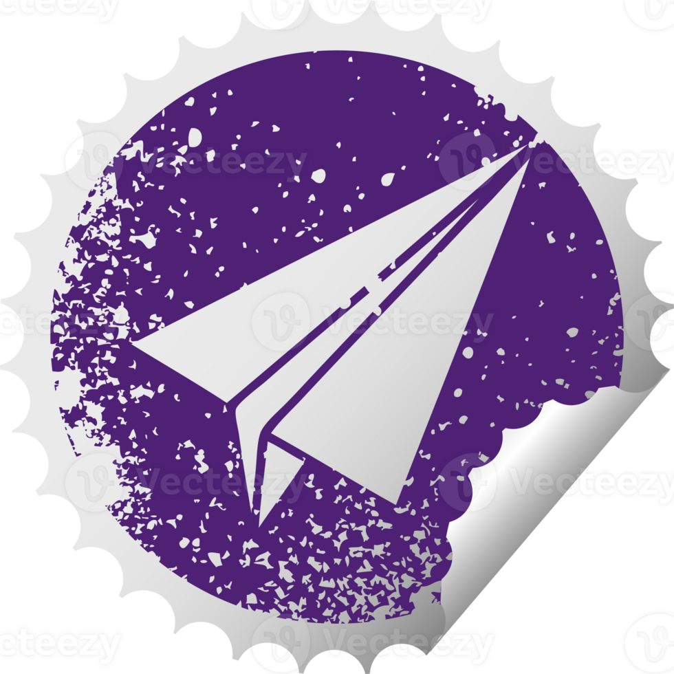 distressed circular peeling sticker symbol of a paper plane png